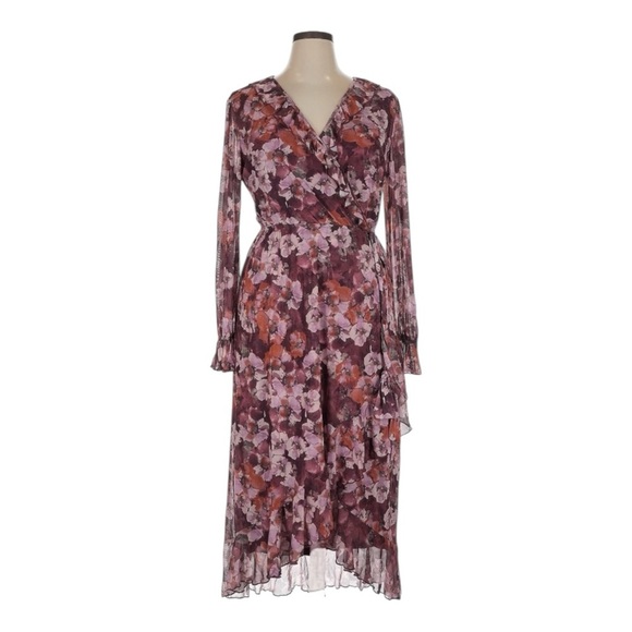 Morgan Taylor Floral Mesh Faux Wrap Maxi Dress XL NWT High Low Hem Burgundy - Picture 1 of 11
